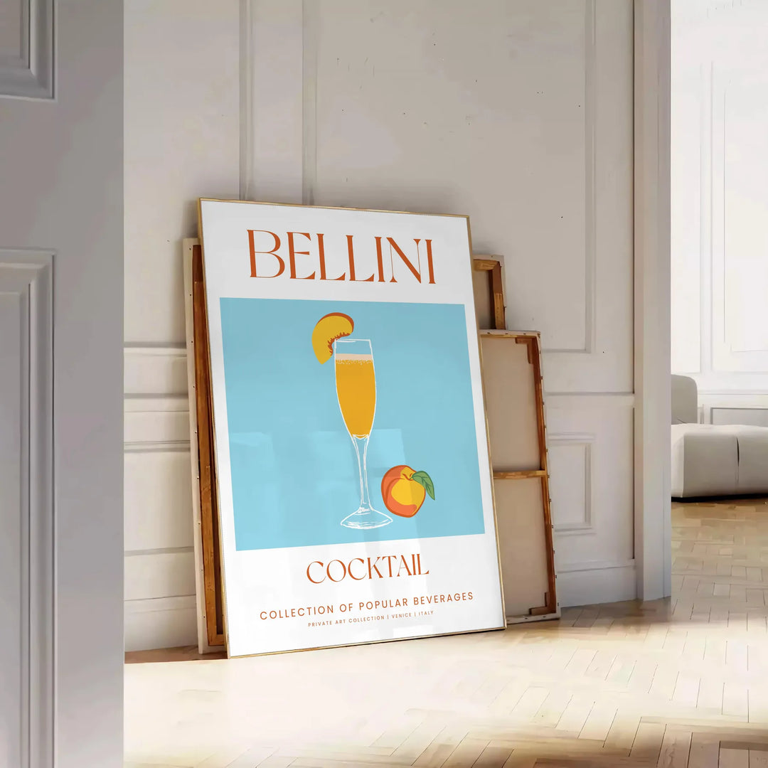 Illustration of a Bellini cocktail with green and orange colors - leaning on a herringbone floor against a white panelled wall