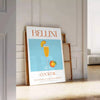 Illustration of a Bellini cocktail with green and orange colors - leaning on a herringbone floor against a white panelled wall