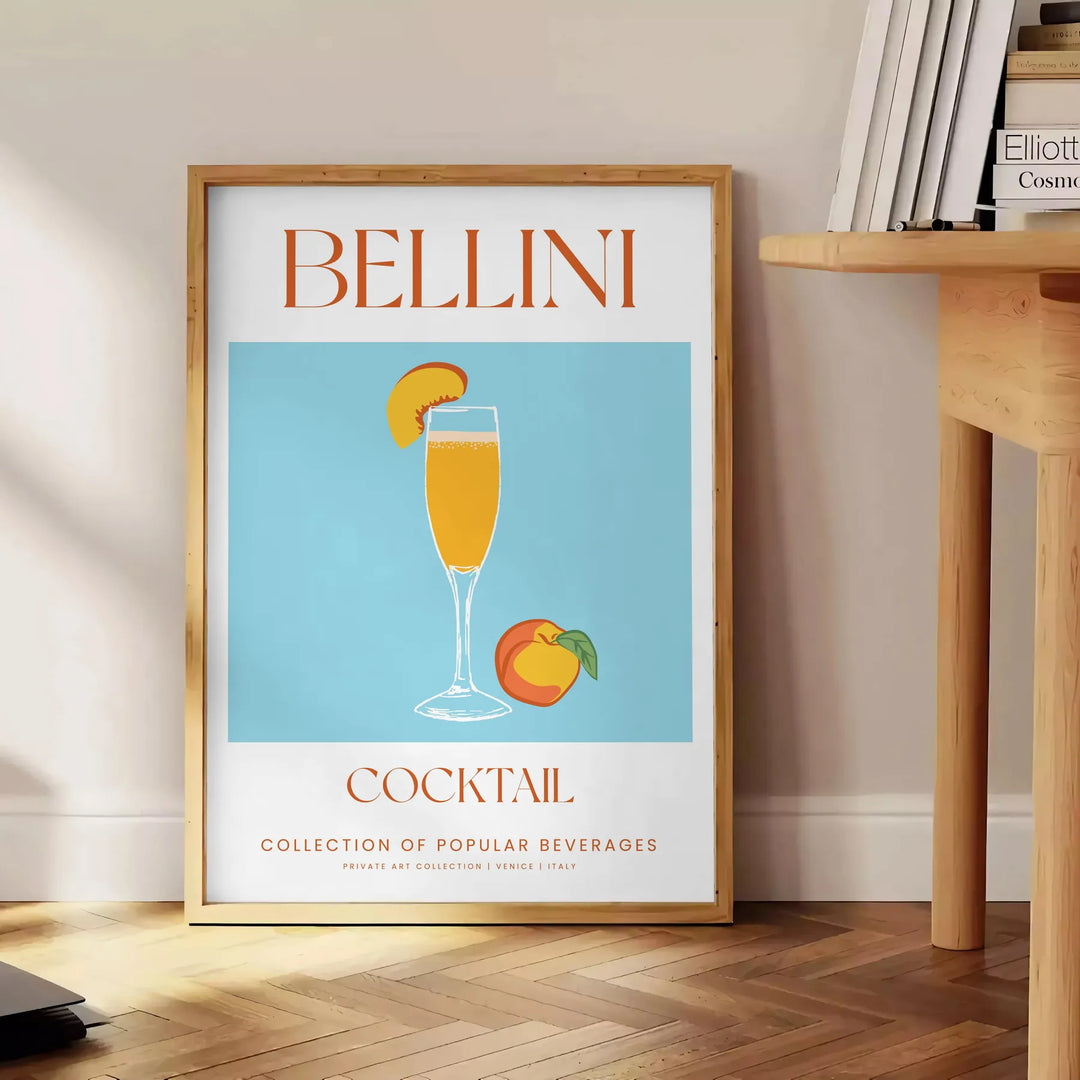 Illustration of a Bellini cocktail with green and orange colors - beside a round wooden side table with books