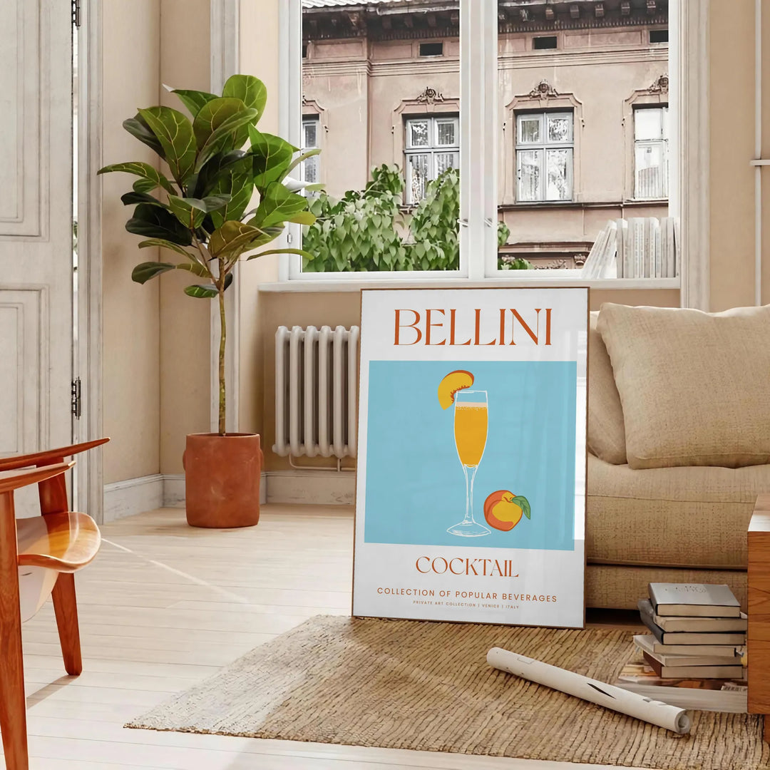 Illustration of a Bellini cocktail with green and orange colors - in a Parisian living room with a sofa and a fig plant