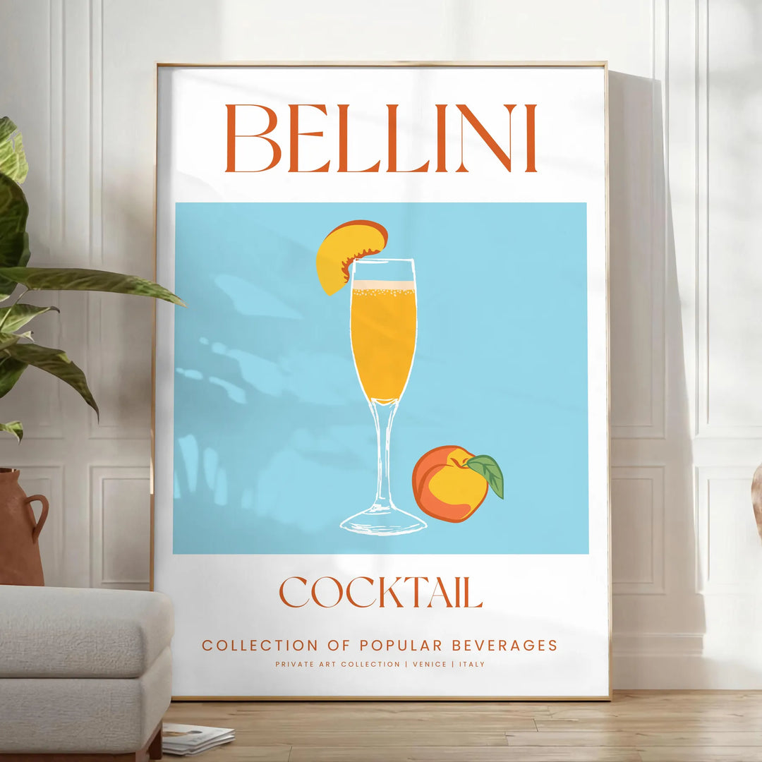 Illustration of a Bellini cocktail with green and orange colors - in a bright minimalist room with a plant and an armchair