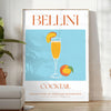 Illustration of a Bellini cocktail with green and orange colors - in a bright minimalist room with a plant and an armchair