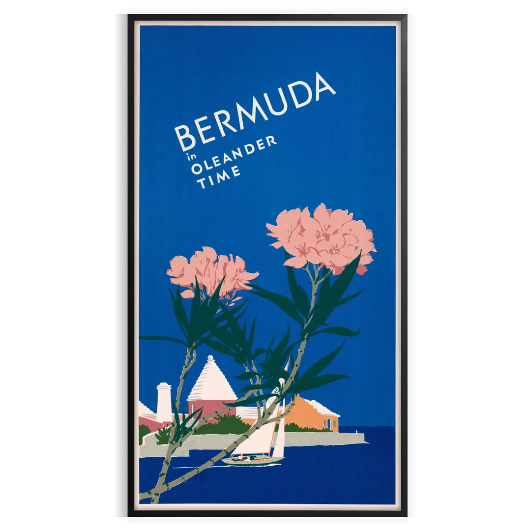 Bermuda travel poster featuring a serene beach scene with blue and green hues
