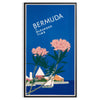 Bermuda travel poster featuring a serene beach scene with blue and green hues - in a black frame