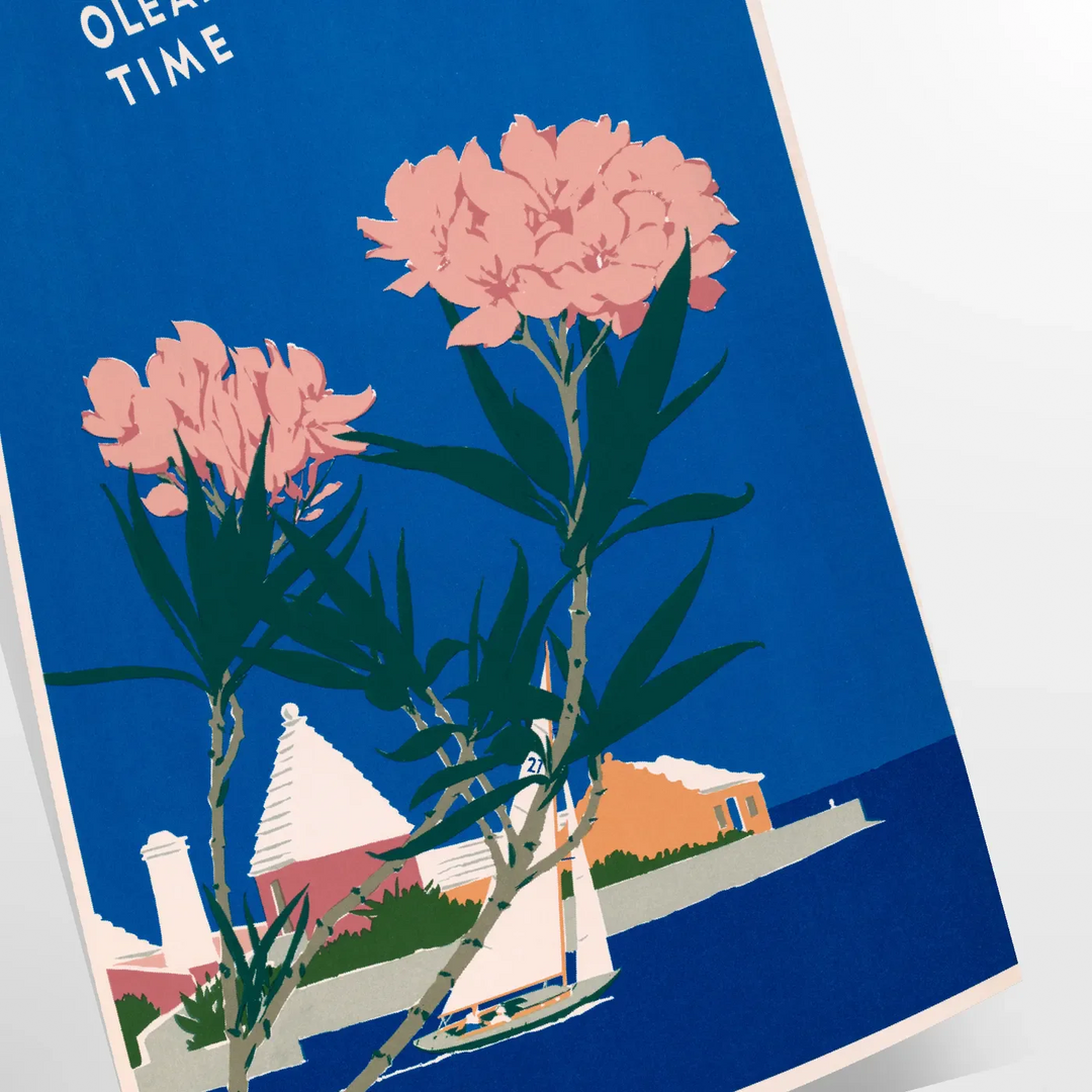 Bermuda travel poster featuring a serene beach scene with blue and green hues - as a rolled, unframed print