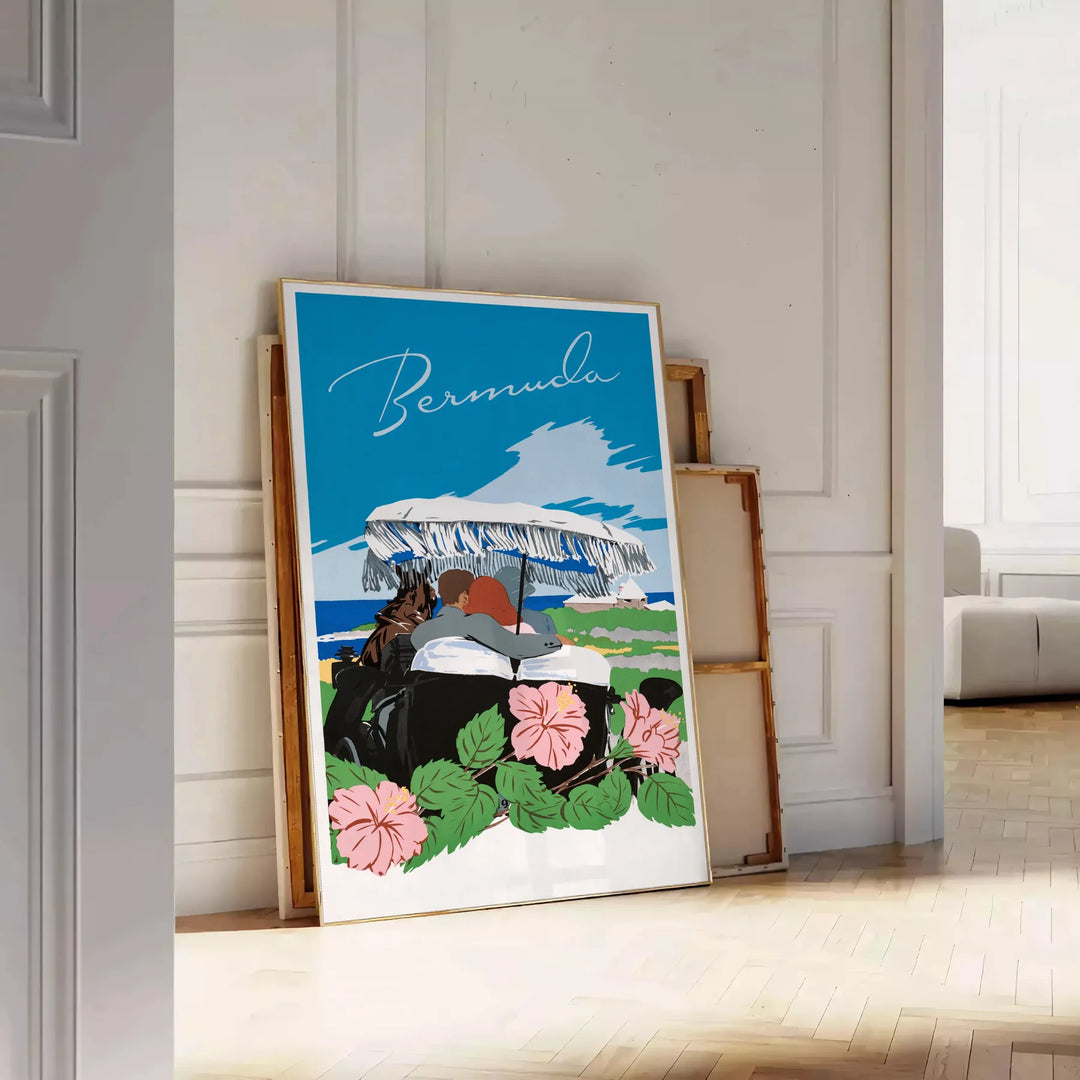 A vintage travel poster featuring Bermuda's coastline in muted gray and black tones - leaning on a herringbone floor against a white panelled wall