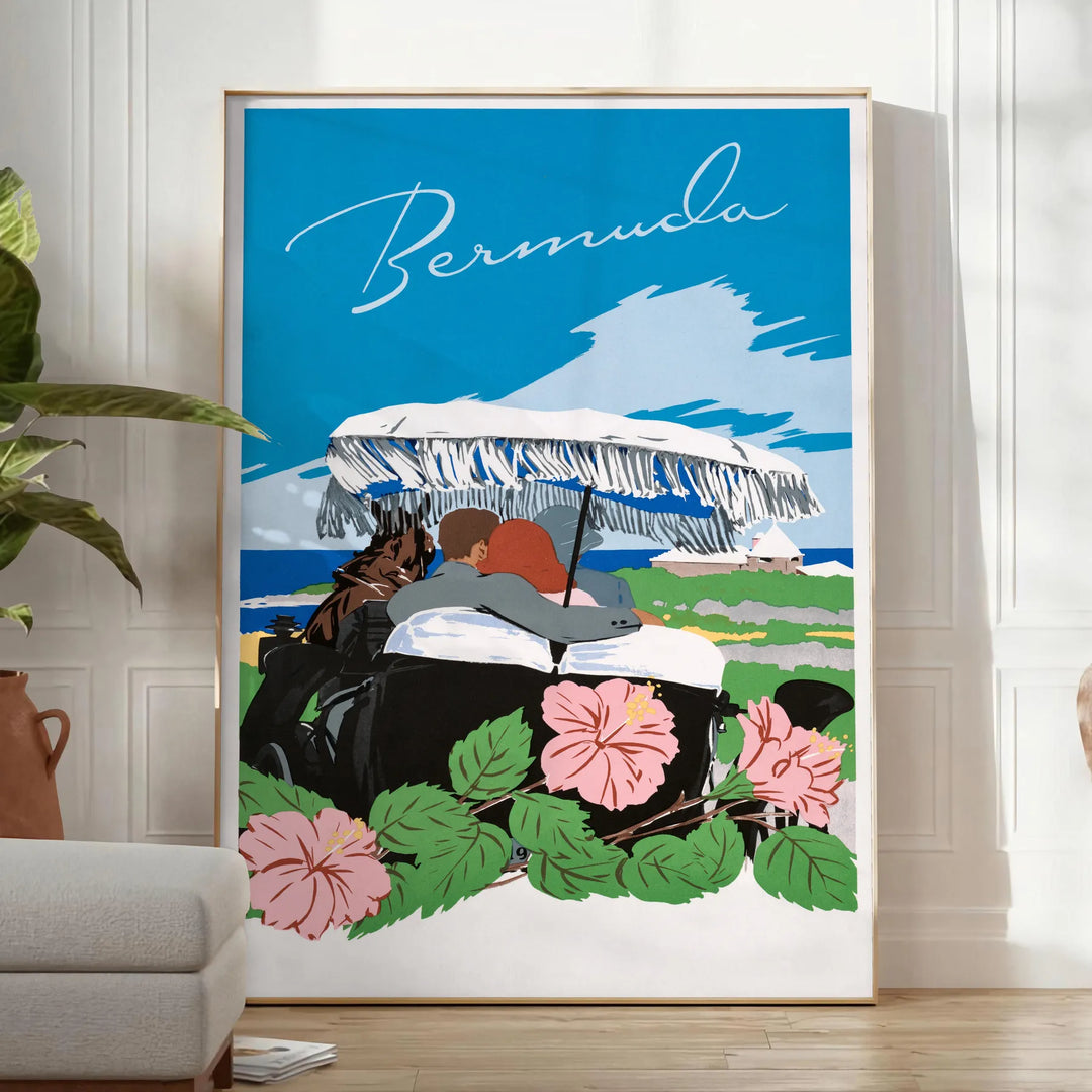 A vintage travel poster featuring Bermuda's coastline in muted gray and black tones - in a bright minimalist room with a plant and an armchair