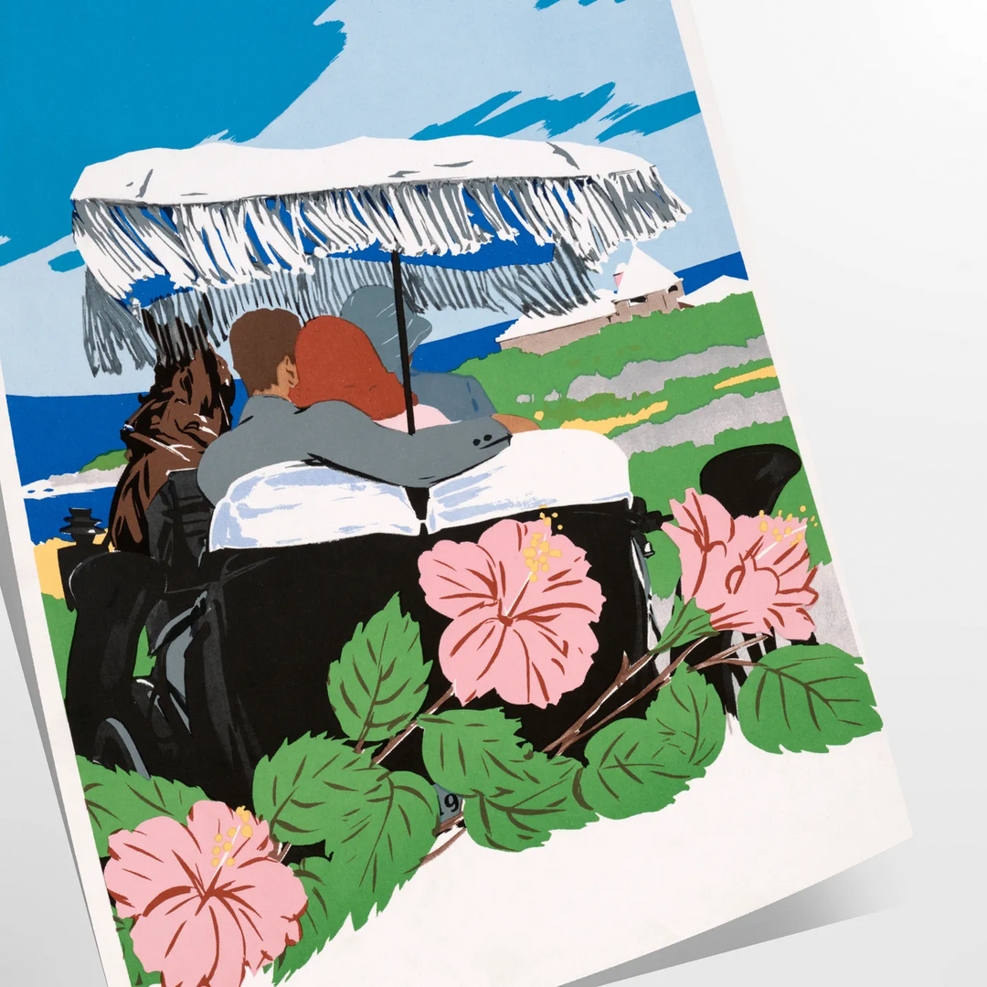 A vintage travel poster featuring Bermuda's coastline in muted gray and black tones - as a rolled, unframed print