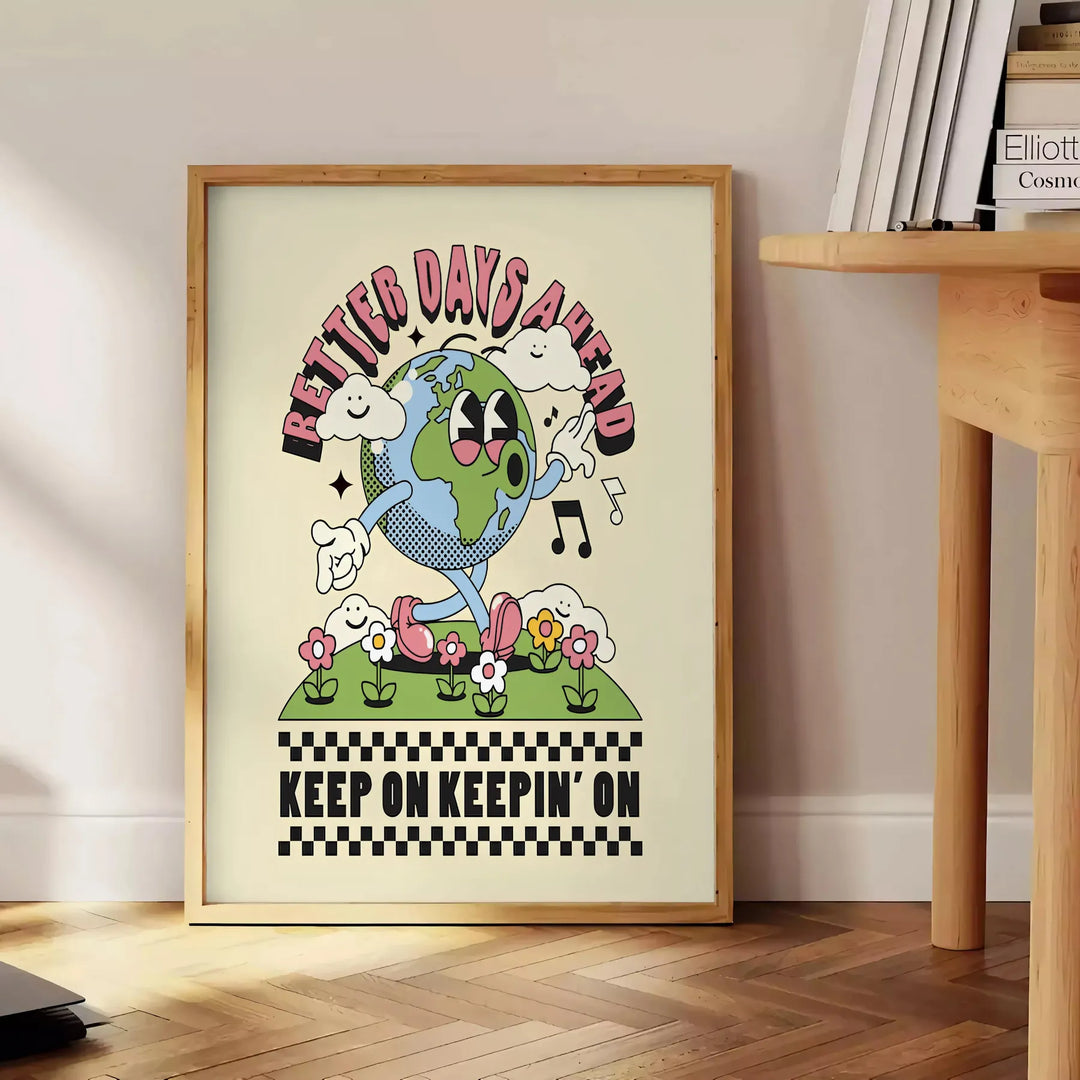 Arte abstrata groovy com redemoinhos verdes e pretos, representando um tema de esperança - ao lado de uma mesa de apoio redonda em madeira com livros