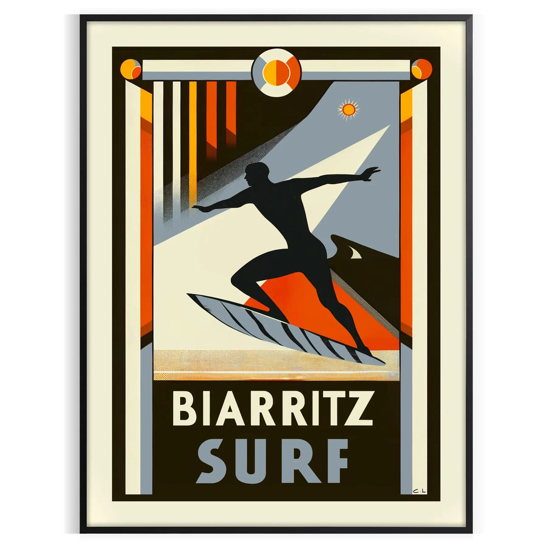 Orange and black Biarritz surf poster in minimalist retro graphic style