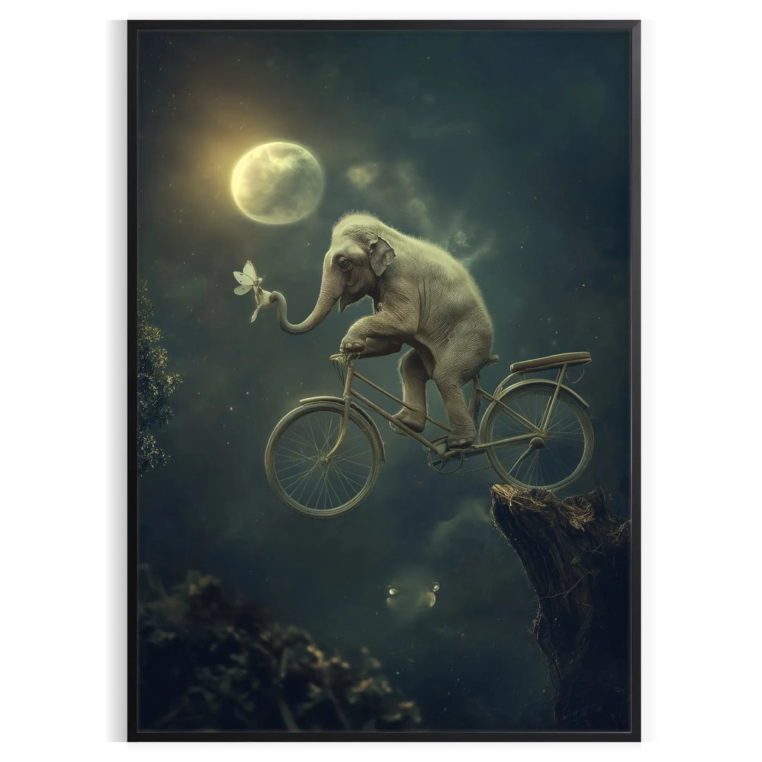 A whimsical elephant riding a bicycle in shades of green and gray