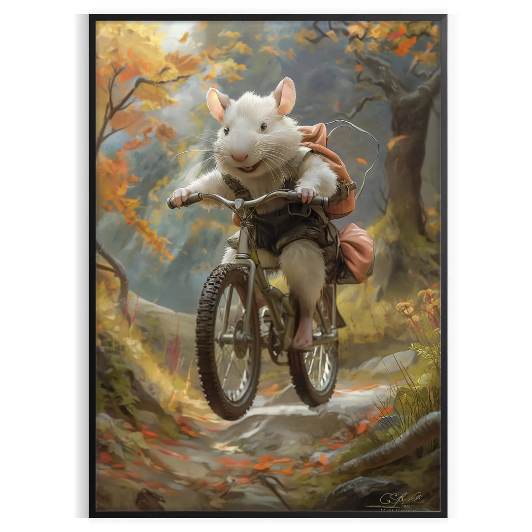 A whimsical illustration of a mouse riding a bicycle, featuring shades of green and gray.