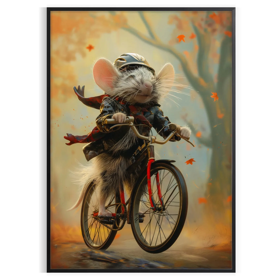 A stylized rat riding a bicycle, featuring bold black and orange colors