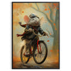 A stylized rat riding a bicycle, featuring bold black and orange colors - in a black frame