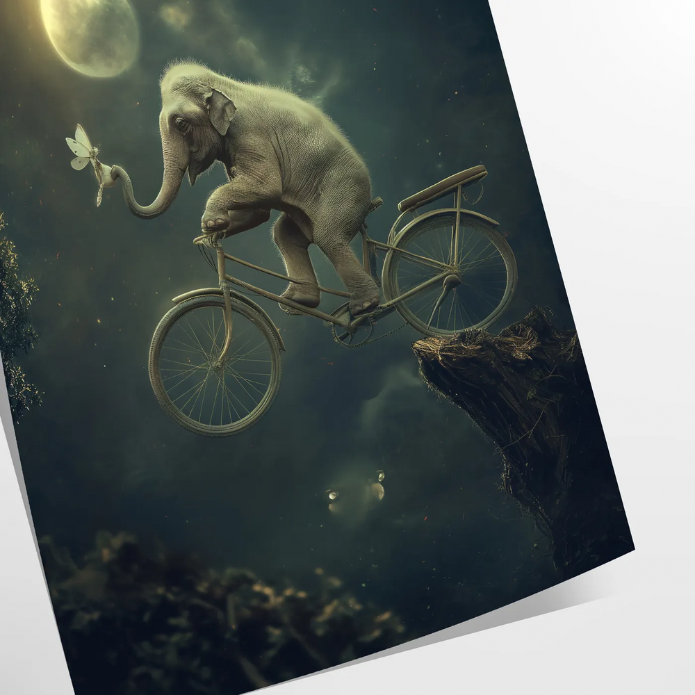 A whimsical elephant riding a bicycle in shades of green and gray