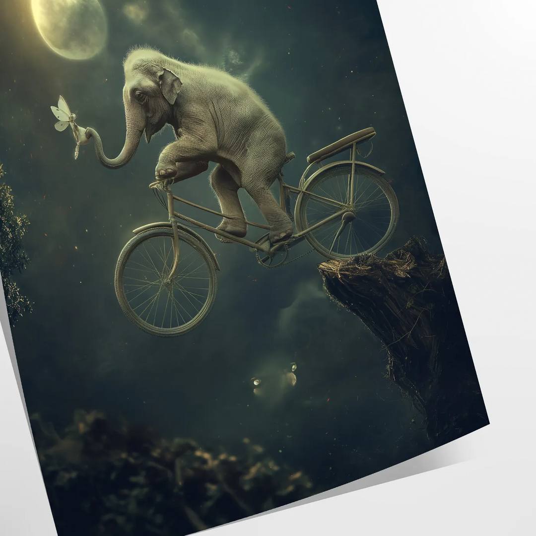 自転車に乗る遊び心満載の象、緑と灰色の色合いで描かれています - 額なしのロール印刷