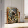 A whimsical illustration of a mouse riding a bicycle, featuring shades of green and gray. - leaning on a herringbone floor against a white panelled wall