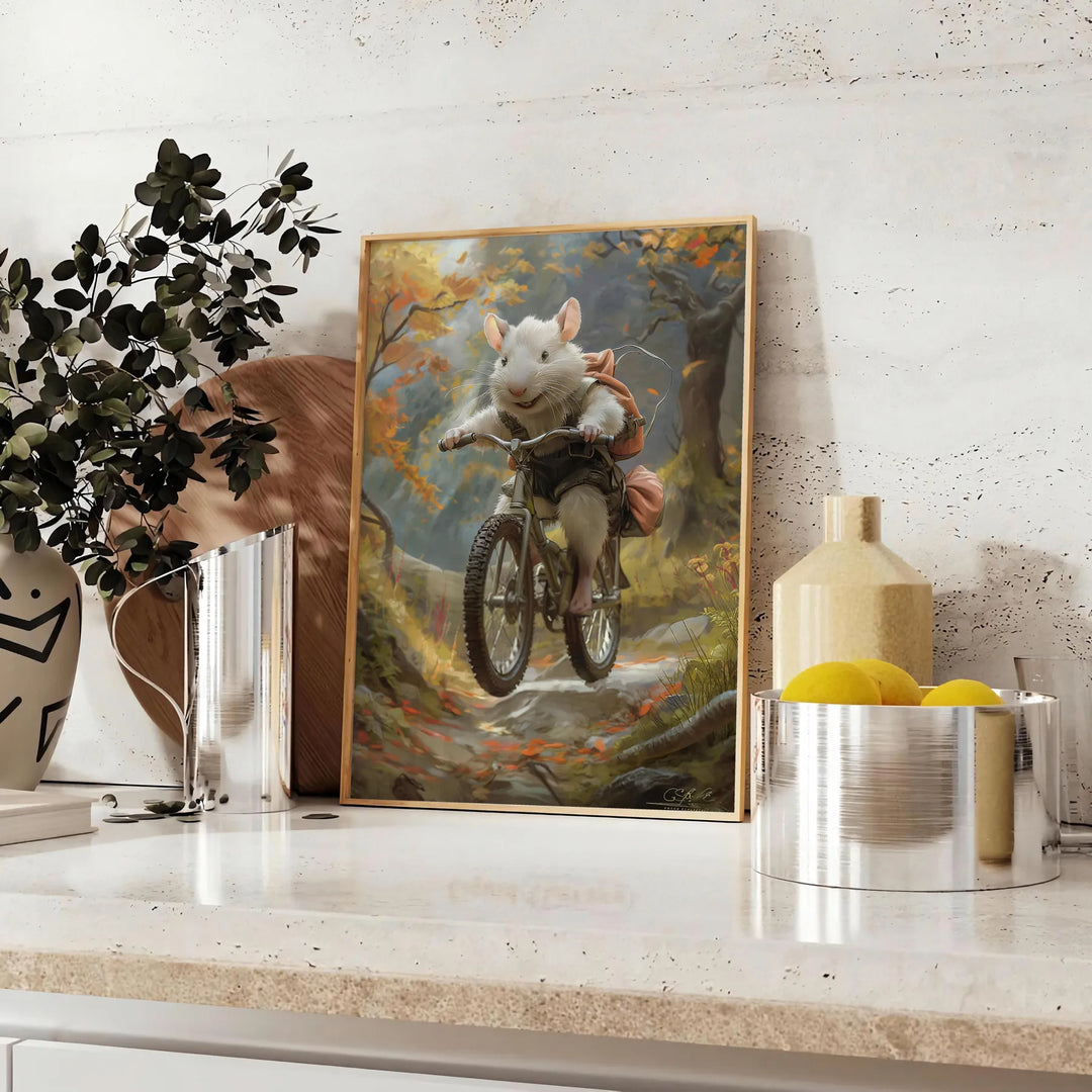 A whimsical illustration of a mouse riding a bicycle, featuring shades of green and gray. - styled on a counter with eucalyptus and a bowl of lemons