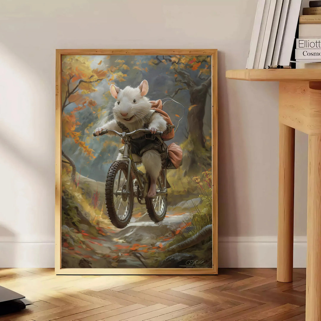 A whimsical illustration of a mouse riding a bicycle, featuring shades of green and gray. - beside a round wooden side table with books