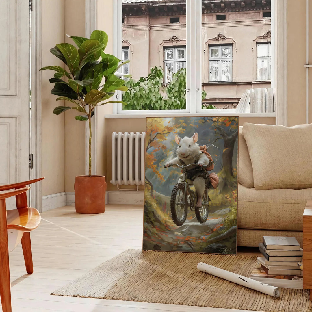 A whimsical illustration of a mouse riding a bicycle, featuring shades of green and gray. - in a Parisian living room with a sofa and a fig plant