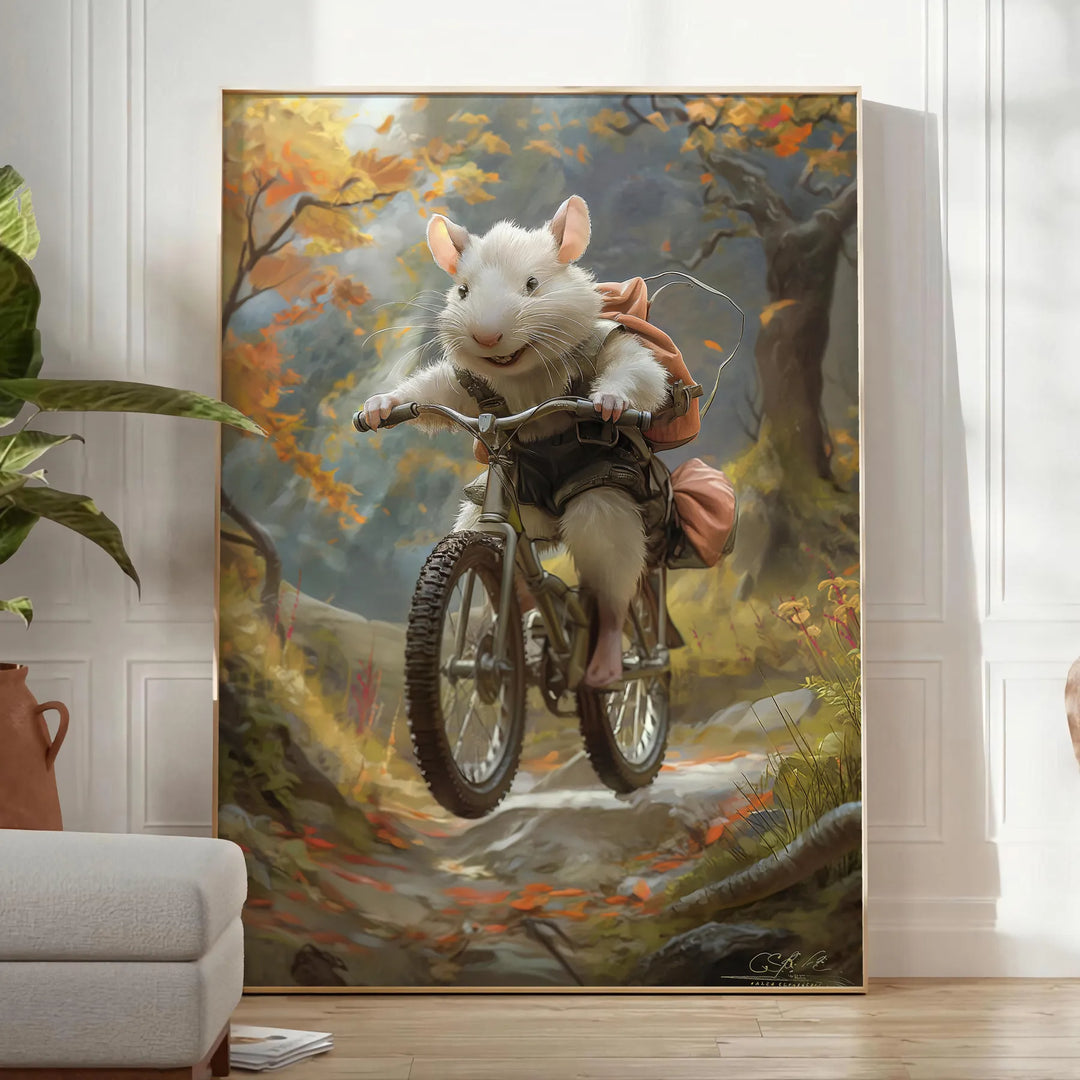 A whimsical illustration of a mouse riding a bicycle, featuring shades of green and gray. - in a bright minimalist room with a plant and an armchair