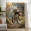 A whimsical illustration of a mouse riding a bicycle, featuring shades of green and gray. - in a bright minimalist room with a plant and an armchair