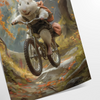 A whimsical illustration of a mouse riding a bicycle, featuring shades of green and gray. - as a rolled, unframed print