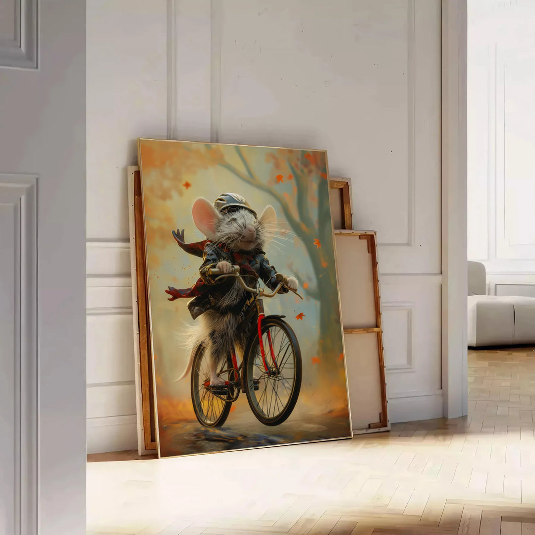 A stylized rat riding a bicycle, featuring bold black and orange colors - leaning on a herringbone floor against a white panelled wall