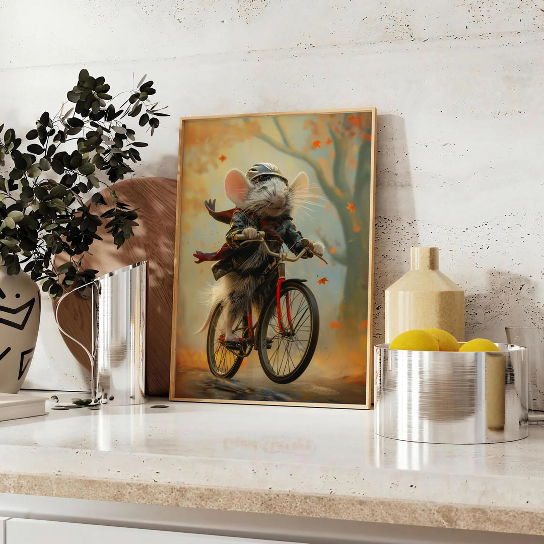A stylized rat riding a bicycle, featuring bold black and orange colors - styled on a counter with eucalyptus and a bowl of lemons