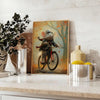 A stylized rat riding a bicycle, featuring bold black and orange colors - styled on a counter with eucalyptus and a bowl of lemons