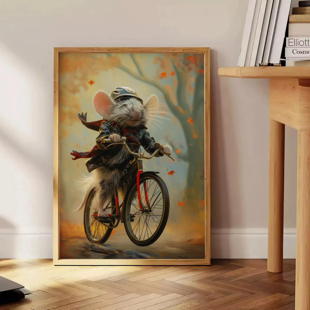 A stylized rat riding a bicycle, featuring bold black and orange colors - beside a round wooden side table with books
