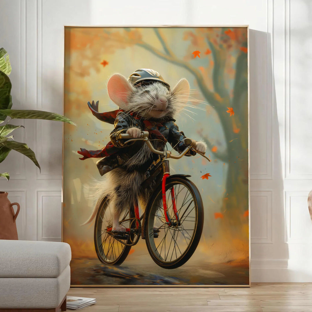 A stylized rat riding a bicycle, featuring bold black and orange colors - in a bright minimalist room with a plant and an armchair