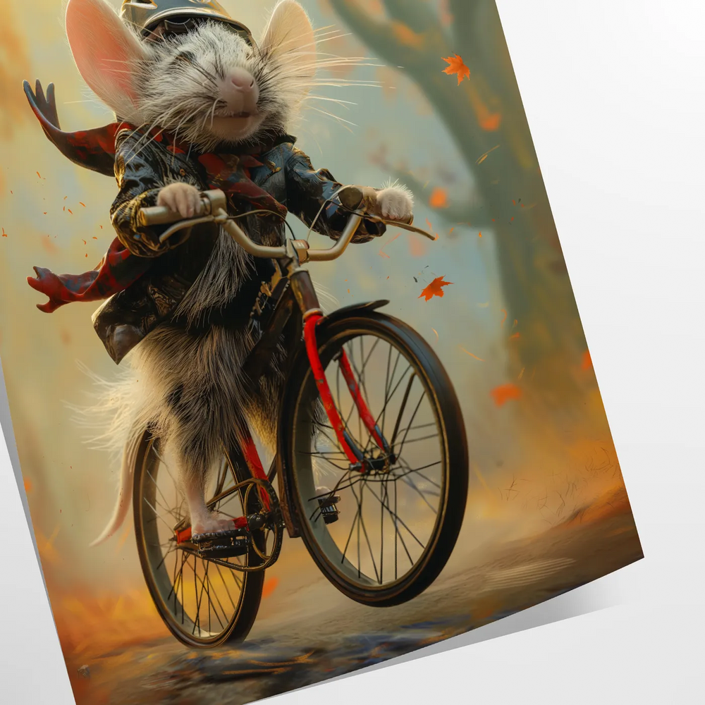 A stylized rat riding a bicycle, featuring bold black and orange colors