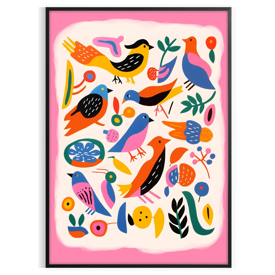 A colorful bird illustration with bold orange and blue hues