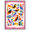 A colorful bird illustration with bold orange and blue hues - in a black frame