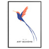 Colorful bird illustration with orange and blue hues on a dark background - in a black frame