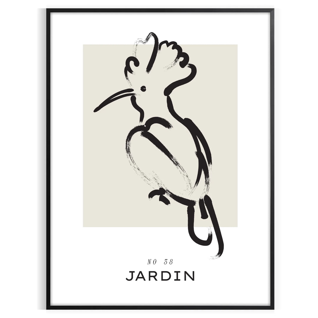 A bohemian-style poster featuring a bird in shades of gray and black