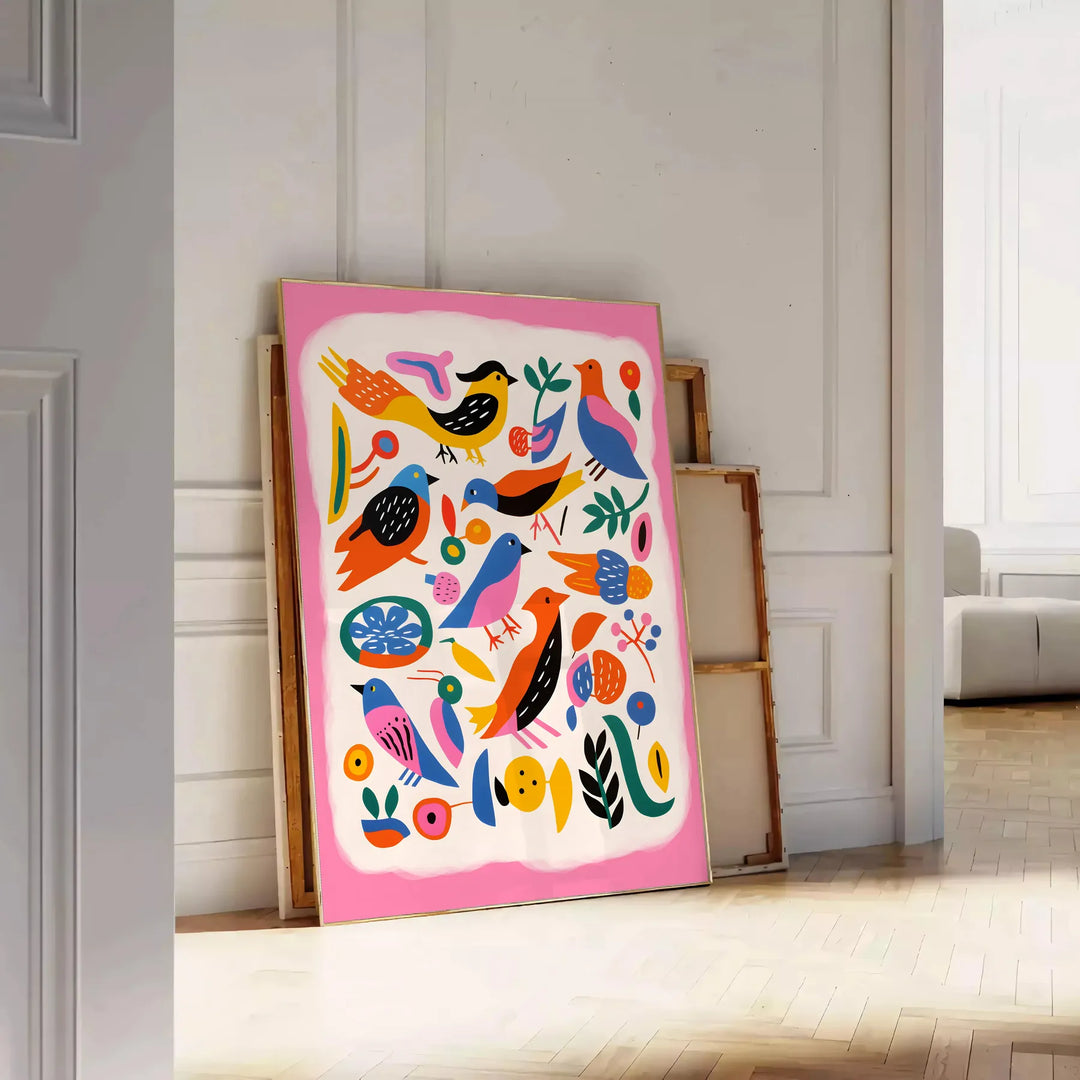 A colorful bird illustration with bold orange and blue hues - leaning on a herringbone floor against a white panelled wall