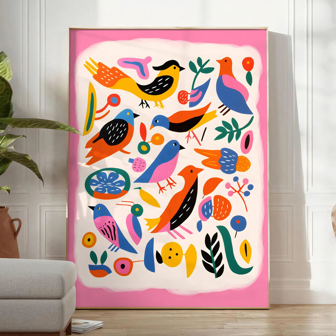 A colorful bird illustration with bold orange and blue hues - in a bright minimalist room with a plant and an armchair