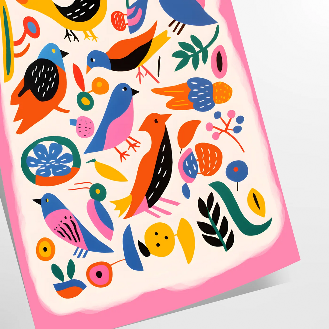 A colorful bird illustration with bold orange and blue hues - as a rolled, unframed print