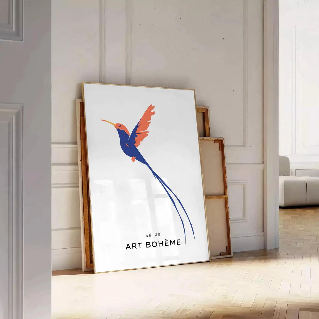 Colorful bird illustration with orange and blue hues on a dark background - leaning on a herringbone floor against a white panelled wall