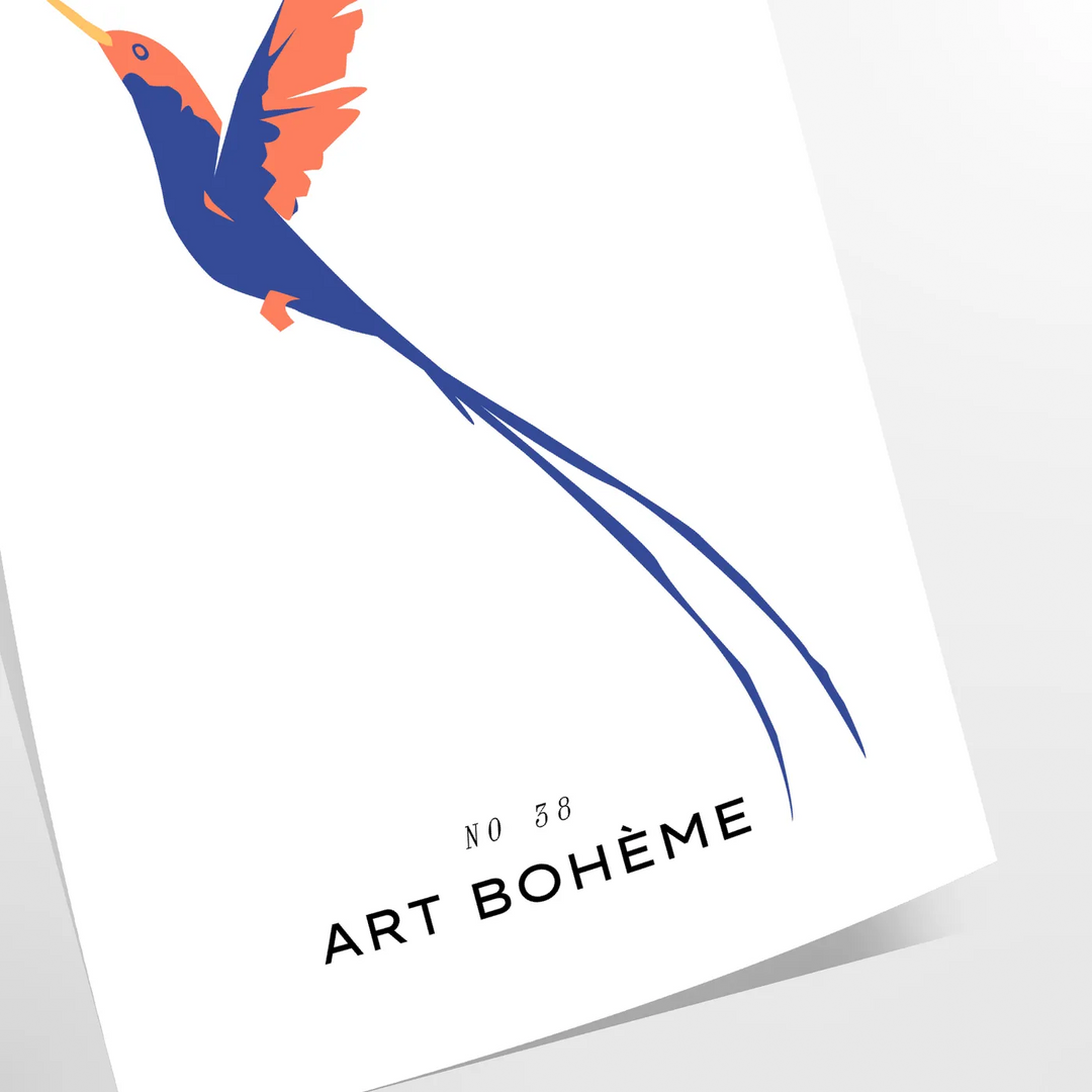 Colorful bird illustration with orange and blue hues on a dark background - as a rolled, unframed print