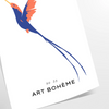 Colorful bird illustration with orange and blue hues on a dark background - as a rolled, unframed print