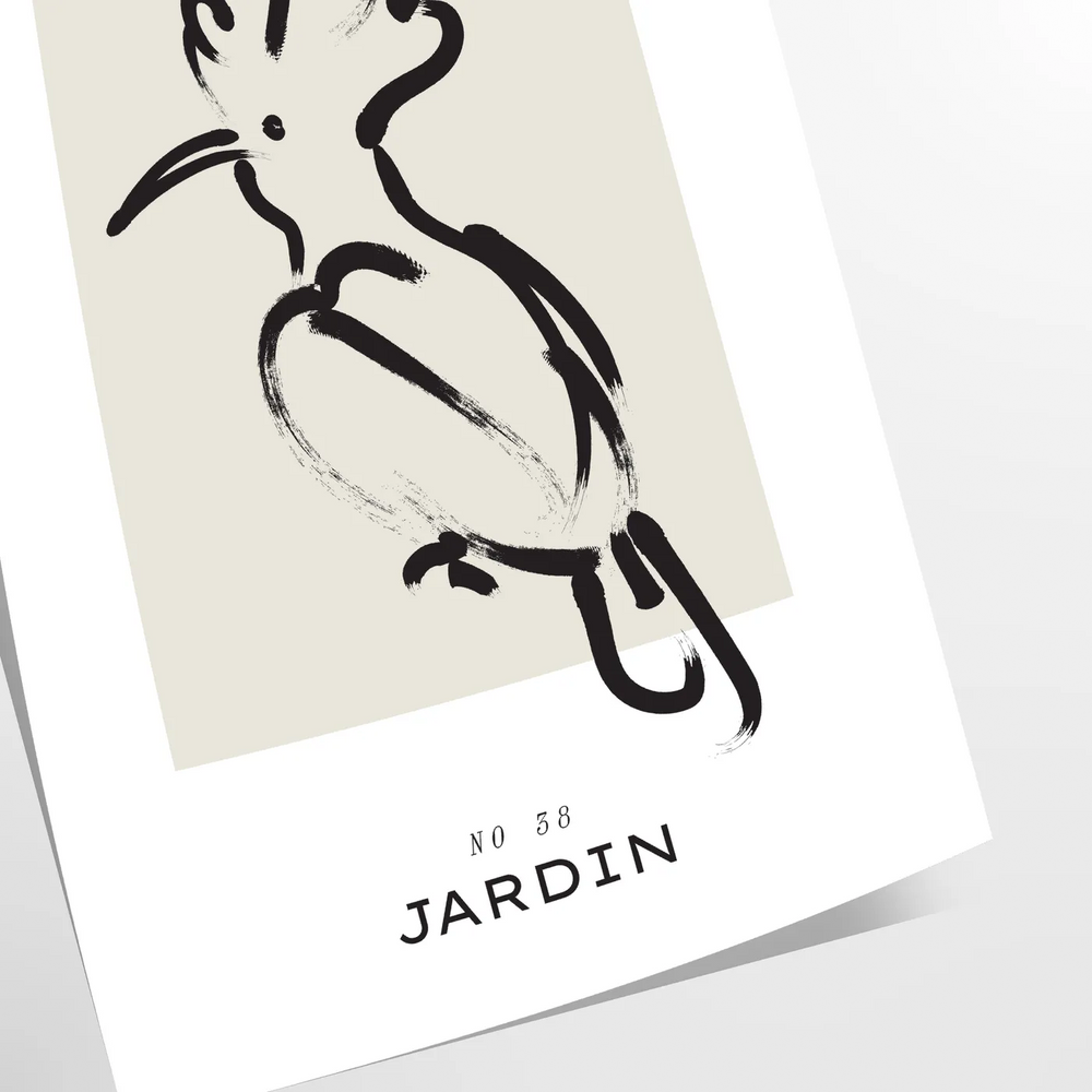 A bohemian-style poster featuring a bird in shades of gray and black