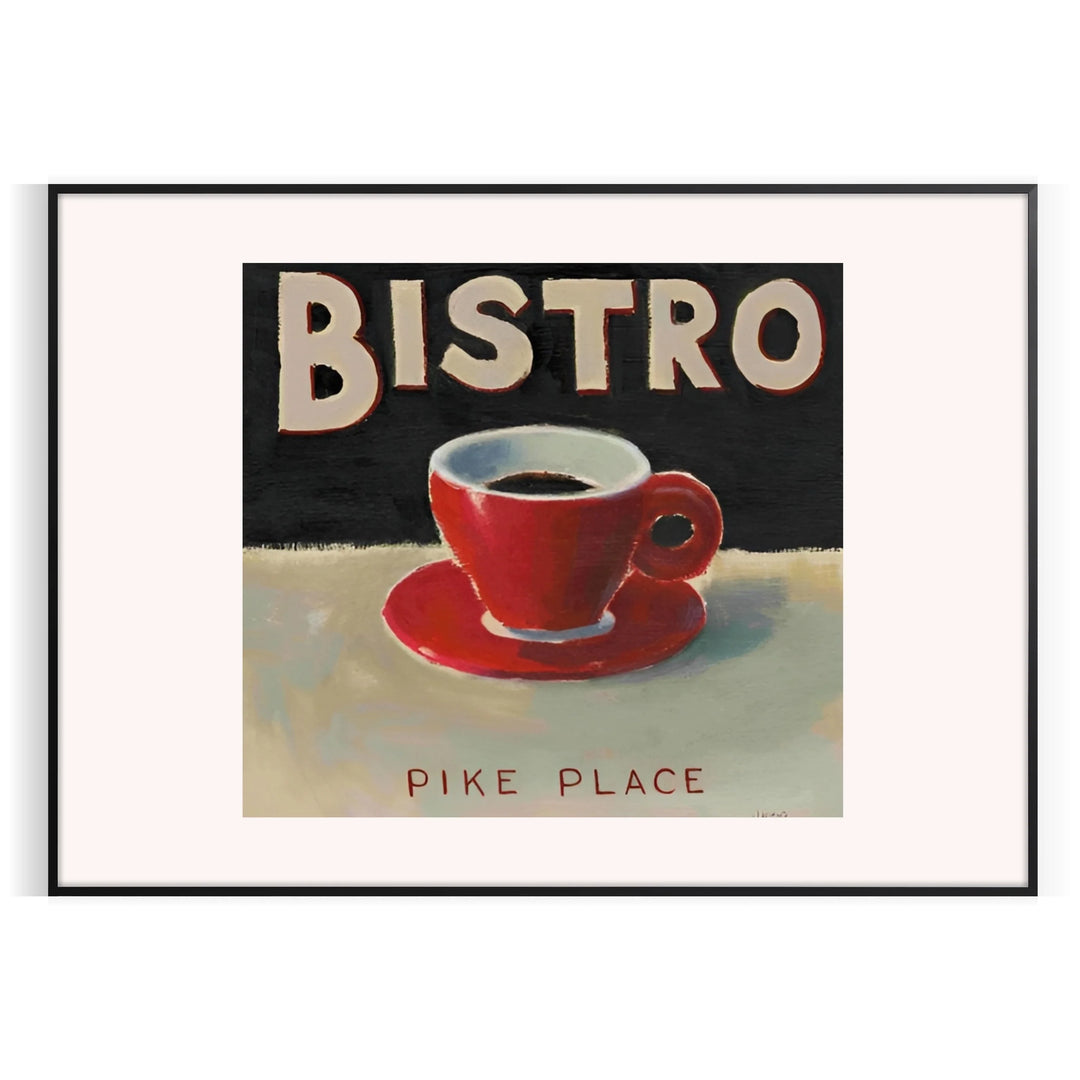 A minimalist bistro kitchen scene with black and gray tones