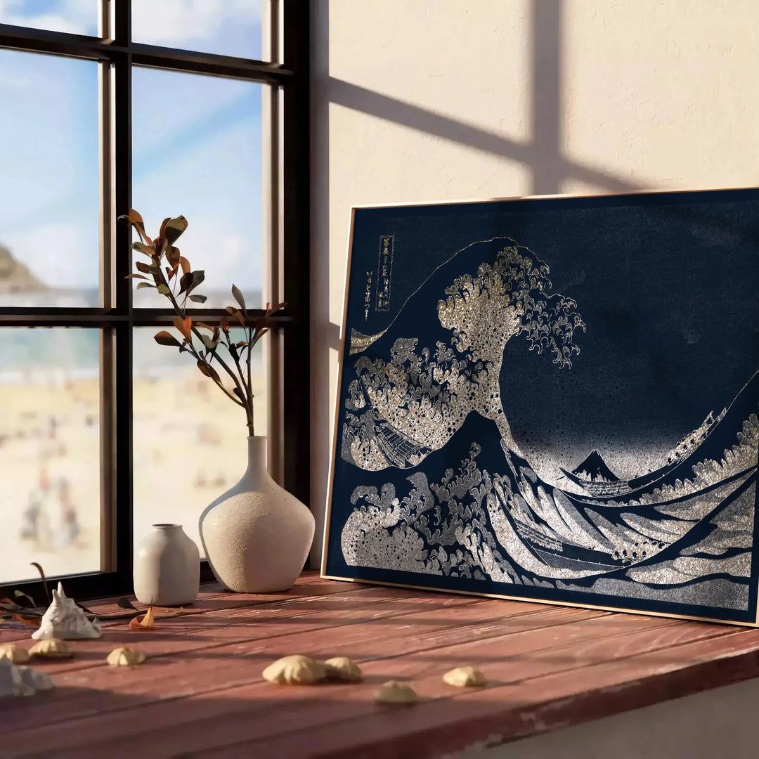 Black and white depiction of Hokusai's wave with green accents - leaning on a herringbone floor against a white panelled wall