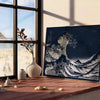 Black and white depiction of Hokusai's wave with green accents - leaning on a herringbone floor against a white panelled wall