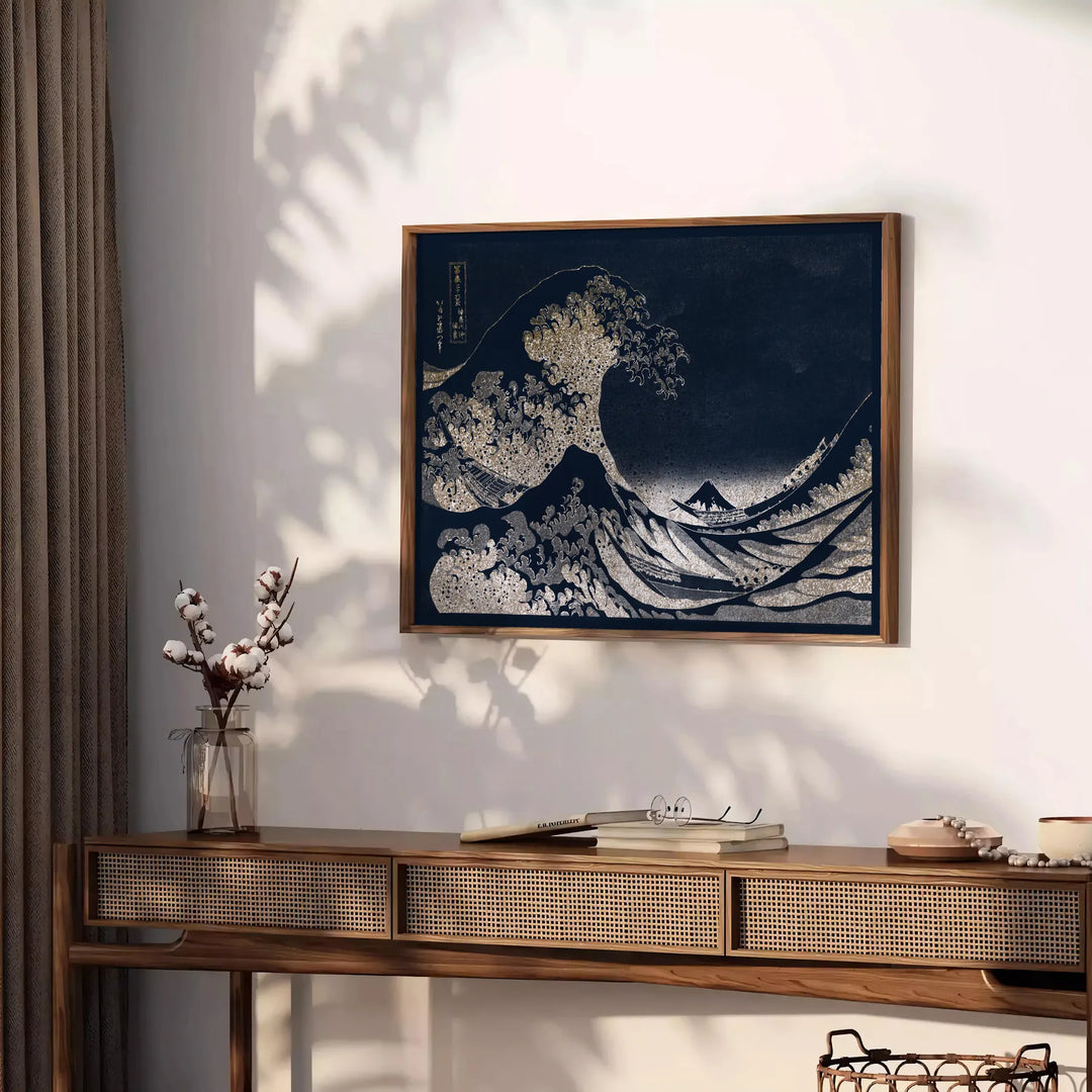 Black and white depiction of Hokusai's wave with green accents - styled on a counter with eucalyptus and a bowl of lemons