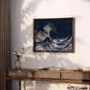 Black and white depiction of Hokusai's wave with green accents - styled on a counter with eucalyptus and a bowl of lemons