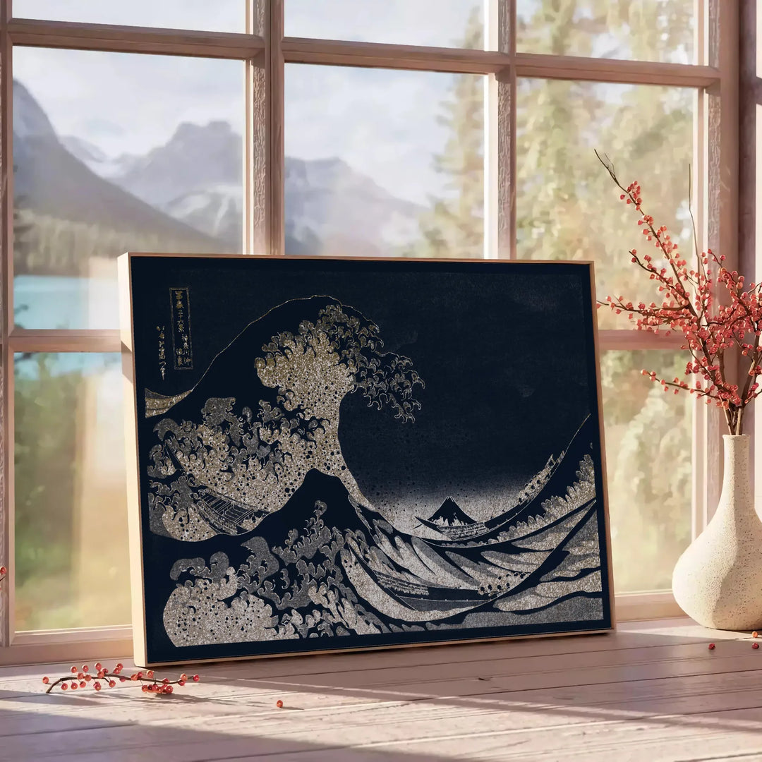 Black and white depiction of Hokusai's wave with green accents - beside a round wooden side table with books